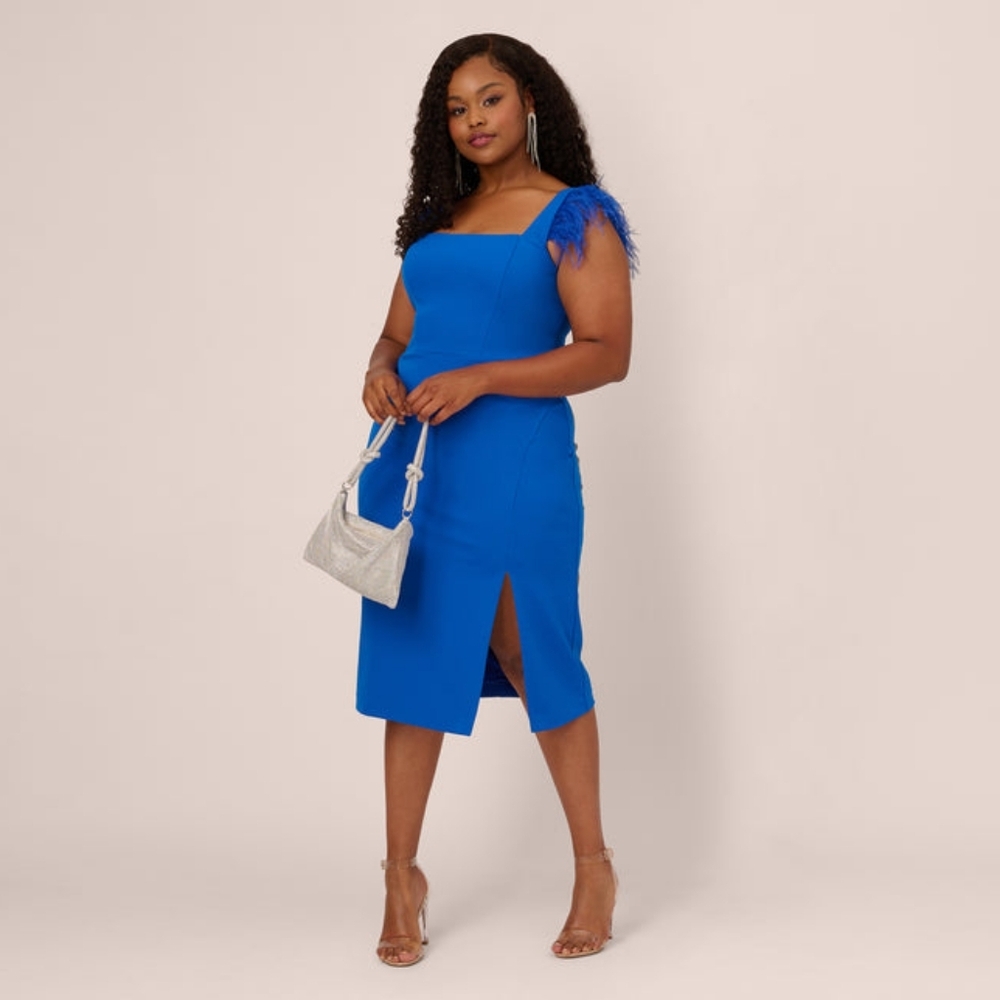 ADRIANNA PAPELL Cobalt Blue Plus Midi Dress With FeatherAccent 14W #G14